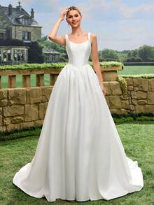 Đầm cưới dài không tay, xếp ly, màu trơn, thanh lịch, màu trắng, mùa xuân - trắng - Xem 5