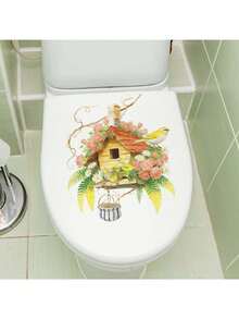 1pc Cute Bird & Birdhouse Toilet Sticker, Fairytale Bathroom Decal, Self-Adhesive Removable PVC Material, Create Dreamy Bathroom Or Restroom, Applicable For Toilet Area, Shower Wall Or Cabinet, Instantly Brighten Up Your Rental Apartment Bathroom - Birds and Flower House - View 4