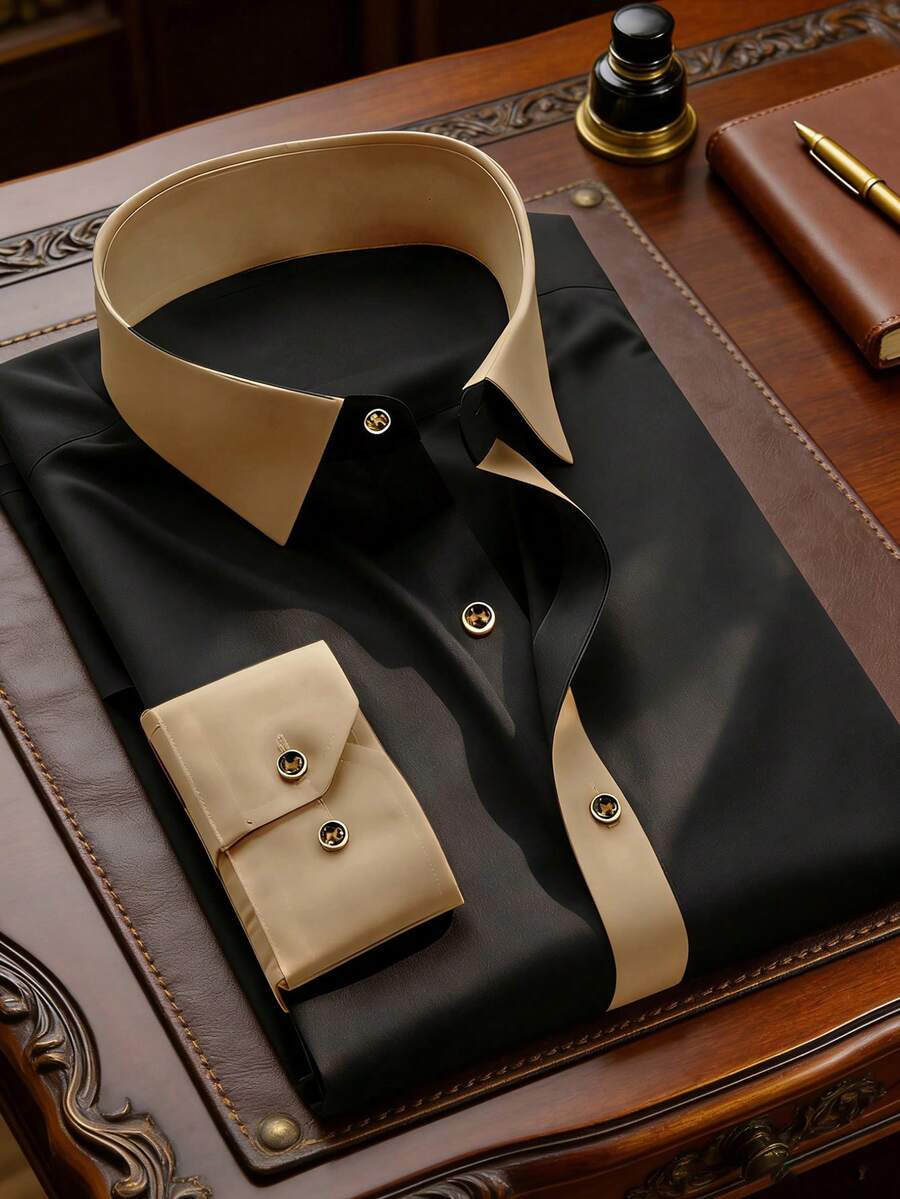 Men's Black Business Casual Shirt 2026 - Khaki Contrast Placket, Gold Metal Buttons, Comfortable, Work Shirt, Casual Friday, Daily Wear, Easy Care