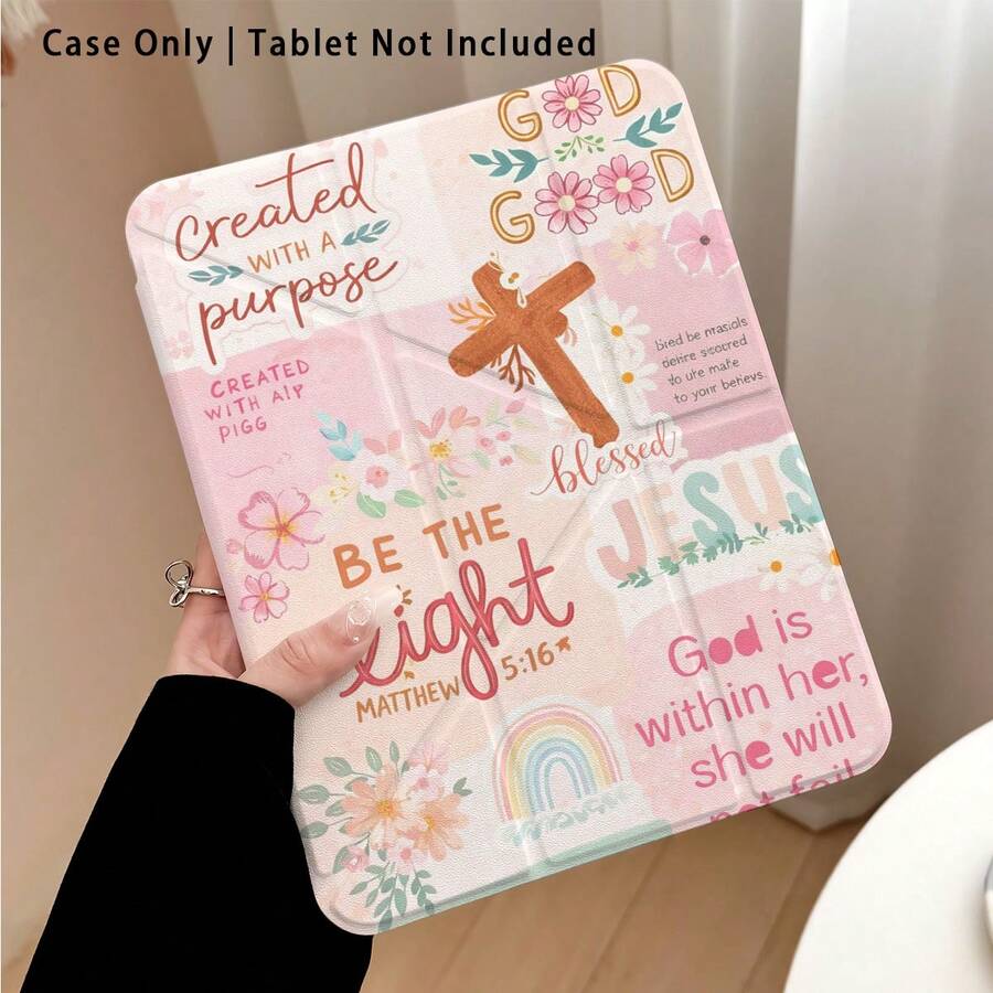 Capa protetora plana para tablet com suporte, em acrílico cristal com estampa de cruz, arco-íris e flores. Compatível com Samsung A9/A9+/S9/S9FE/A11/A11+/S11/S10 FE/S10 FE+/S10 Lite, Apple Air 5/6, Honor, Matepad SE 11 e outros modelos populares. Dobrável, com cantos reforçados em silicone, função de ativação/desativação automática, compartimento para caneta, suporte ajustável em vários ângulos - proteção perfeita para o dia a dia, ótima opção de presente para as festas de fim de ano. - Multicolorido - Ver 1