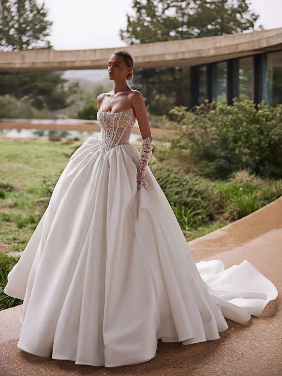 Opulent Strapless Lace Illusion Bodice Satin Ballgown Wedding Dress, Wedding Dresses For Bride, Elegant And Comfortable, Includes Plus Sizes, Bridal Gown, Formal Dresses For Women, Suitable For Wedding, Party, Vacation, Bride, Formal Occasions, Dinner Dress, Prom Dress, After-Party Dress, Homecoming Dress, Cocktail Party, Birthday Party, Celebration, Gala, Festival, Ceremony - trắng - Xem 1