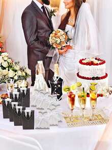100个婚礼派对回礼盒，新郎新娘造型复古风格糖果巧克力礼盒，散装，带丝带装饰，适用于生日、新娘送礼会、宾客（经典款） - 黑與白 - 查看 4