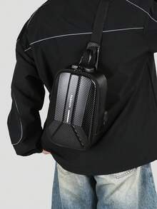 Men's Slant Shoulder Bag, Hard Shell Motorcycle Bag, Large Capacity Chest Bag, Multi-Function Messenger Bag, Travel Texture Backpack, Cycling Bag - Multicolor - View 3