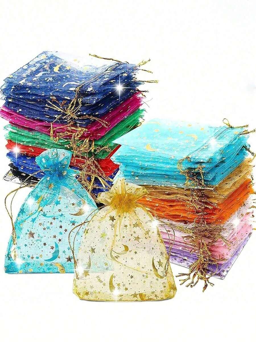 10个/套 混色欧根纱礼品袋，适用于珠宝束口袋、婚礼糖果礼品袋、珠宝包装袋、婚礼小礼品袋、束口袋、网状小袋，也适用于婚礼派对礼品糖果包装、化妆品欧根纱小礼品袋 - 彩色 - 查看 1