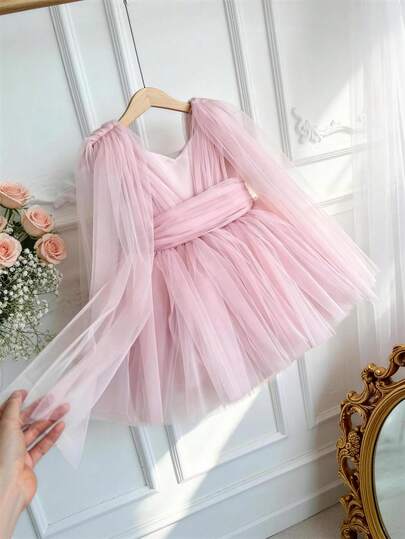 Baby Girls Sleeveless Tulle Pink Dress, Elegant Princess Party Dress Suitable For Baby's 1st Birthday, Formal Occasions, Festivals, Celebrations