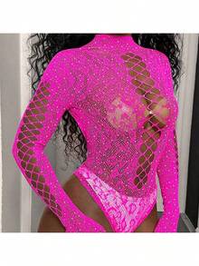 1pc Sexy Floral Lace Bodystocking Lingerie - Hot Pink - View 2