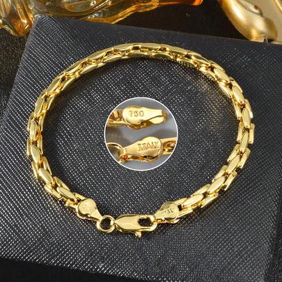 1条简约18K镀金光滑镂空方形链手链，男女皆宜，适合日常佩戴和派对场合，时尚多层首饰