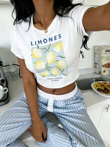 Nina Bonheur 2pcs Women Printed Round Neck Short Sleeve Top + Elastic Waist Straight Pants Pajama Set - Blue - View 1