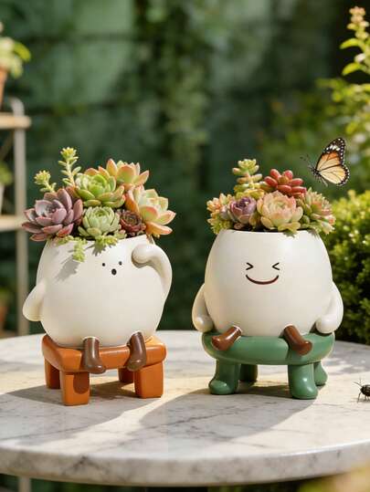 1pc Cute Resin Succulent Planter With Adorable Cartoon Character Design - Mini Desktop Plant Pot For Indoor Home Office Decor, Perfect For Small Succulents, Cacti, And Air Plants, Ideal For Desk, Shelf, Or Windowsill, Adds A Playful Touch To Your Greenery Display, Great Gift For Plant Lovers And Kids