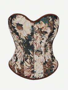 Vintage Oil Painting Jacquard Bandeau Crop Top, Heart Neckline Front Button Design, Fishbone Shaping Cinched Waist Sexy Blouse - Brown - View 2