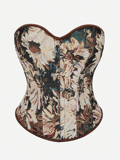 女士复古花卉提花无肩带胸衣上衣，心形领口，前扣设计，带钢骨支撑，复古修身连体衣，适合派对、度假和日常穿着。