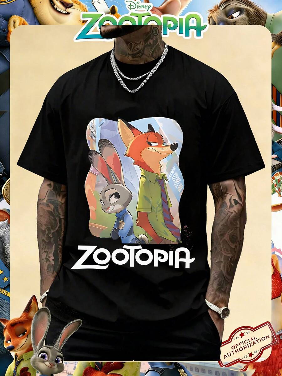 Disney Official Licensed Zootopia Nick & Judy Classic Print 220g Cotton Crew Neck Unisex Tee - 黑色 - 查看 1