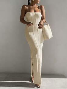 Vestido de punto de estilo bohemio de longitud media para mujer, sin mangas, sin tirantes, vestido elegante con diseño de abertura - Albaricoque - Ver 1