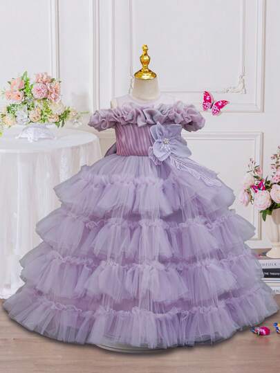 Tween Girls Off Shoulder Floral Ruffle Multilayer Tulle Dress, Bow Decor Princess Dress, Purple Cake Dress, Suitable For Birthday Party, Recital, Piano Performance, Tween Girls Puffy Skirt Dress