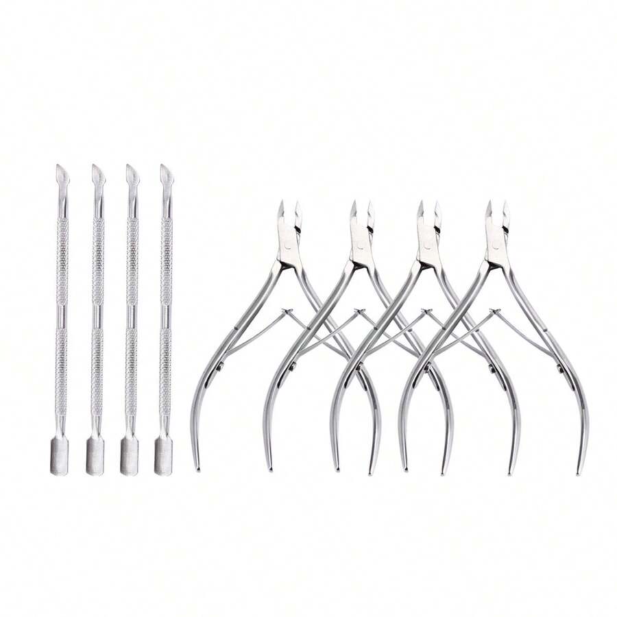 8pcs/6pcs/2pcs Professional Silver Dual-Head Cuticle Pusher And Cutter Remover, Salon Quality Stainless Steel Gel Nail Polish Scraper, Durable Professional Manicure Pedicure Cleaning Tools, Stainless Steel Silver Nail & Toe Cuticle Trimmer - Silver - View 1