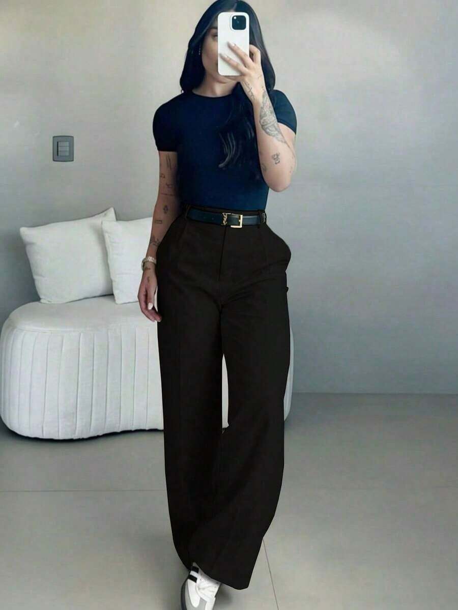 Women's High Waist Wide Leg Pants |   Spring Women's Clothing |   Casual Elegant Office Pants |   Spring Casual Wear |   Solid Color Loose Straight Bottoms |   Spring Apparel |   Women's Casual Wear |   Soft Comfortable Casual Pants |   Women's Casual Clothing |   Minimalist Fashion Workwear |   Casual Suit |   New Year Preparation |   Essential For Spring & Autumn, No Belt Included - 杏 - 查看 1