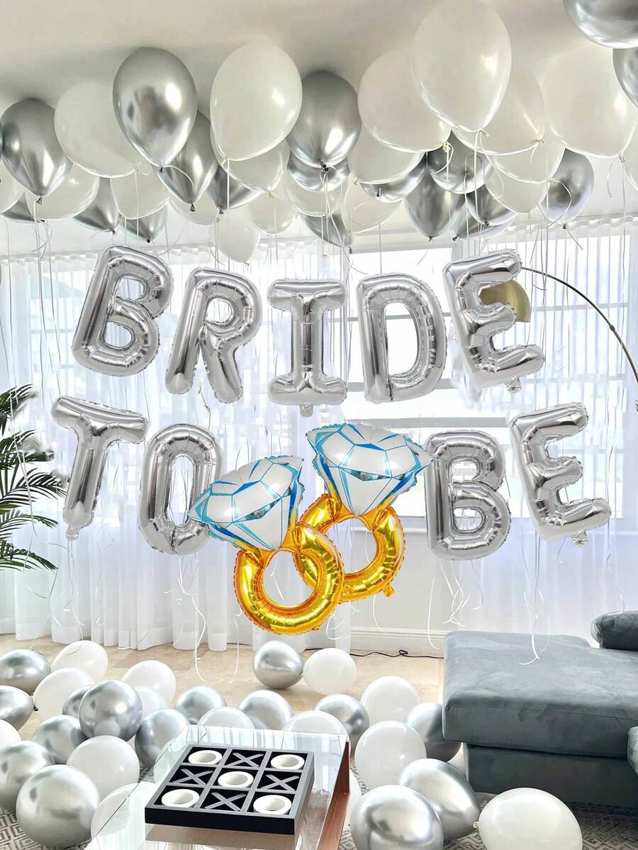 31件套银色“BRIDE TO BE”字母铝箔气球套装，包含戒指、白色和银色乳胶气球，适用于新娘送礼会、庆祝活动、浪漫婚礼、周年纪念、单身派对、订婚派对装饰 - 多色 - 查看 1