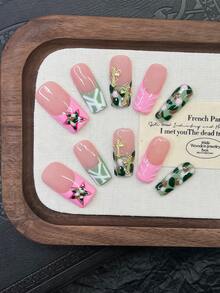 10片装Y2K风管状美甲贴片套装 - 手工制作，包含粉色、绿色、粉色法式美甲、手绘迷彩星形美甲、3D水滴图案设计、可爱手绘美甲、闪亮金色十字架装饰，精致优雅 - 完美适用于派对和休闲装扮 - 彩色 - 查看 13