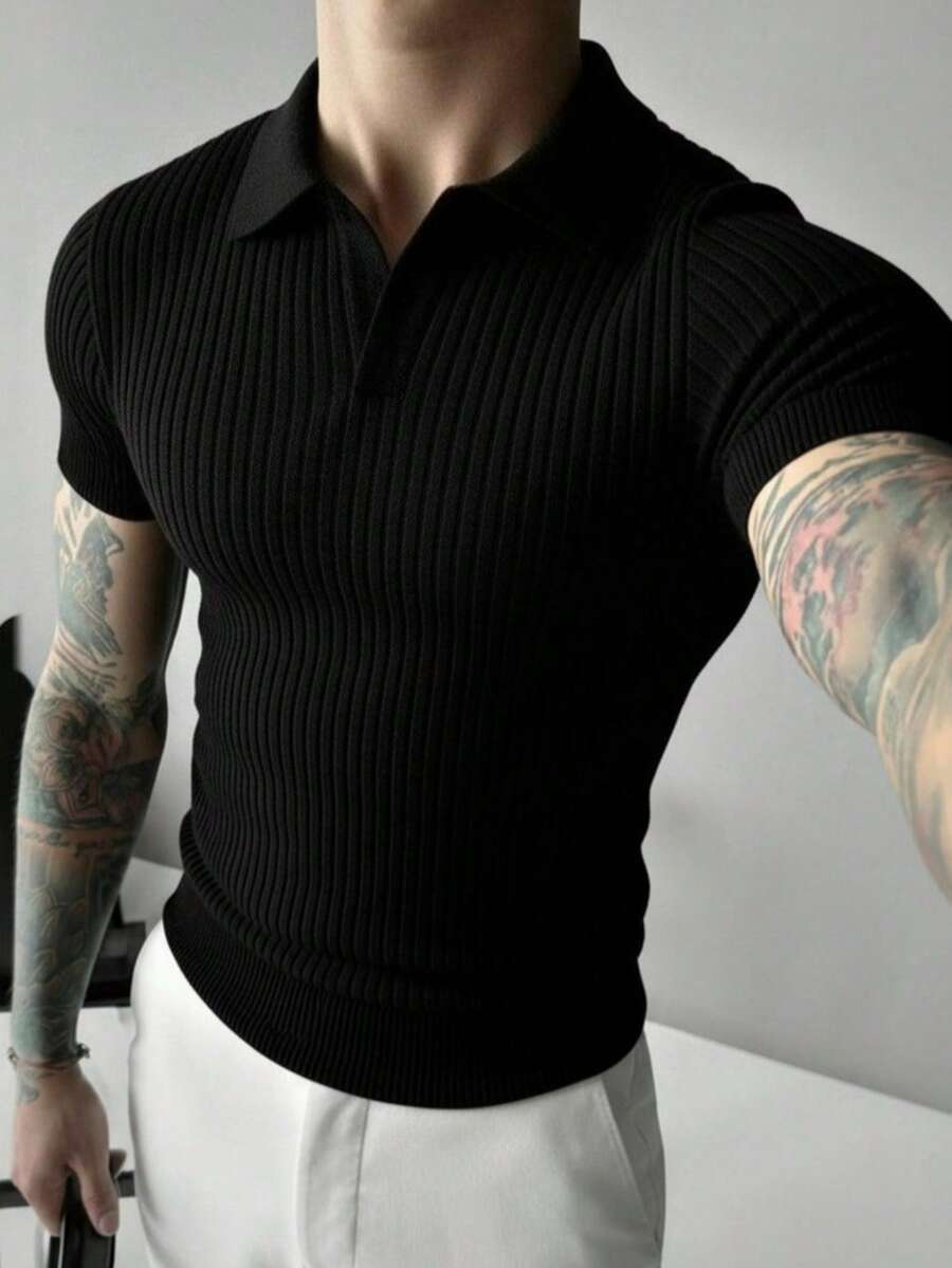 Men's Summer Ribbed Polo Knit Short Sleeve Shirt - Black - View 1