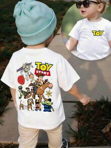 Disney Sining Boy: (Double Sided Print) Toy Story Woody, Buzz Lightyear, Trish, Hearts Horse, , Springbok, Mr. Potato, Three Eyed Boy And Other Cartoon Printed T-Shirts, Suitable For Spring And Summer Seasons, Making It Irresistible For Babies. Instantly Become The Focus, Cute Little Baby, Holiday Gift. - 白色 - 查看 1