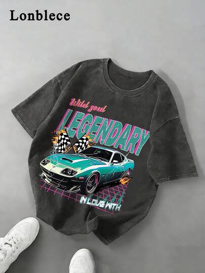 Lonblece 男士复古汽车印花T恤，复古赛车设计，字母和图案印花，常规版型水洗T恤，适合街头服饰和休闲穿着。