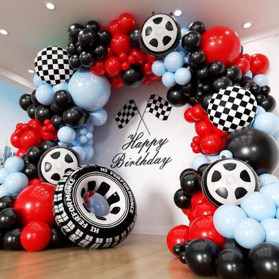 赛车气球拱门套装 - 127 个不同尺寸的气球和轮胎旗，黑色、红色和白色格子气球花环套装，适合赛车主题的 2 周年纪念生日派对、洗礼、性别重置和装饰。