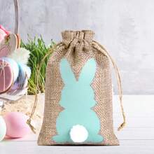 5pcs Easter Bunny Linen Drawstring Bags, Suitable For Easter Party, Gift Packaging, Candy, Chocolate, Cookies - Sack - View 3