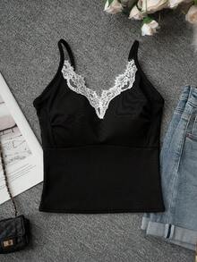 白色蕾丝边吊带背心，带衬垫胸部，女士叠穿背心，春夏新品 - 黑色 - 查看 6