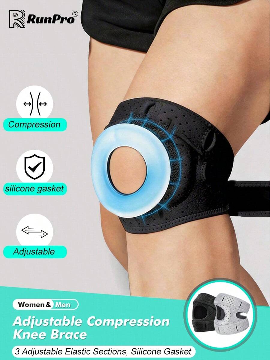 RPPR 1件装 - 可调节弹性膝盖髌骨支撑，缓解膝盖不适，膝盖压缩护套，男女通用运动护膝 - 适用于篮球、网球、健身、跑步 - 膝盖上方10厘米/4英寸，周长：30-56厘米/12-22英寸，黑色/灰色健身护膝