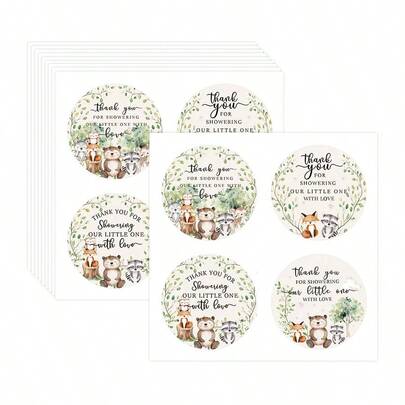 森林主题派对感谢贴纸，包含4款贴纸设计，适用于婴儿派对、森林动物主题派对、生日派对礼物标签装饰