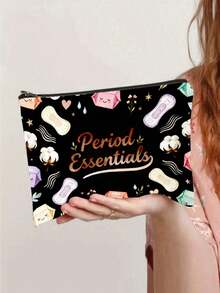 "Period Essentials"Storage Bag,Sanitary Pad Pattern Makeup Pouch, Travel Toiletry Bag, Multi-Purpose Organizer, DIY Categorized Storage, Women's Menstrual Care Gift, Single-Sided Print Design, Ideal For Pa, Travel - Black - View 5