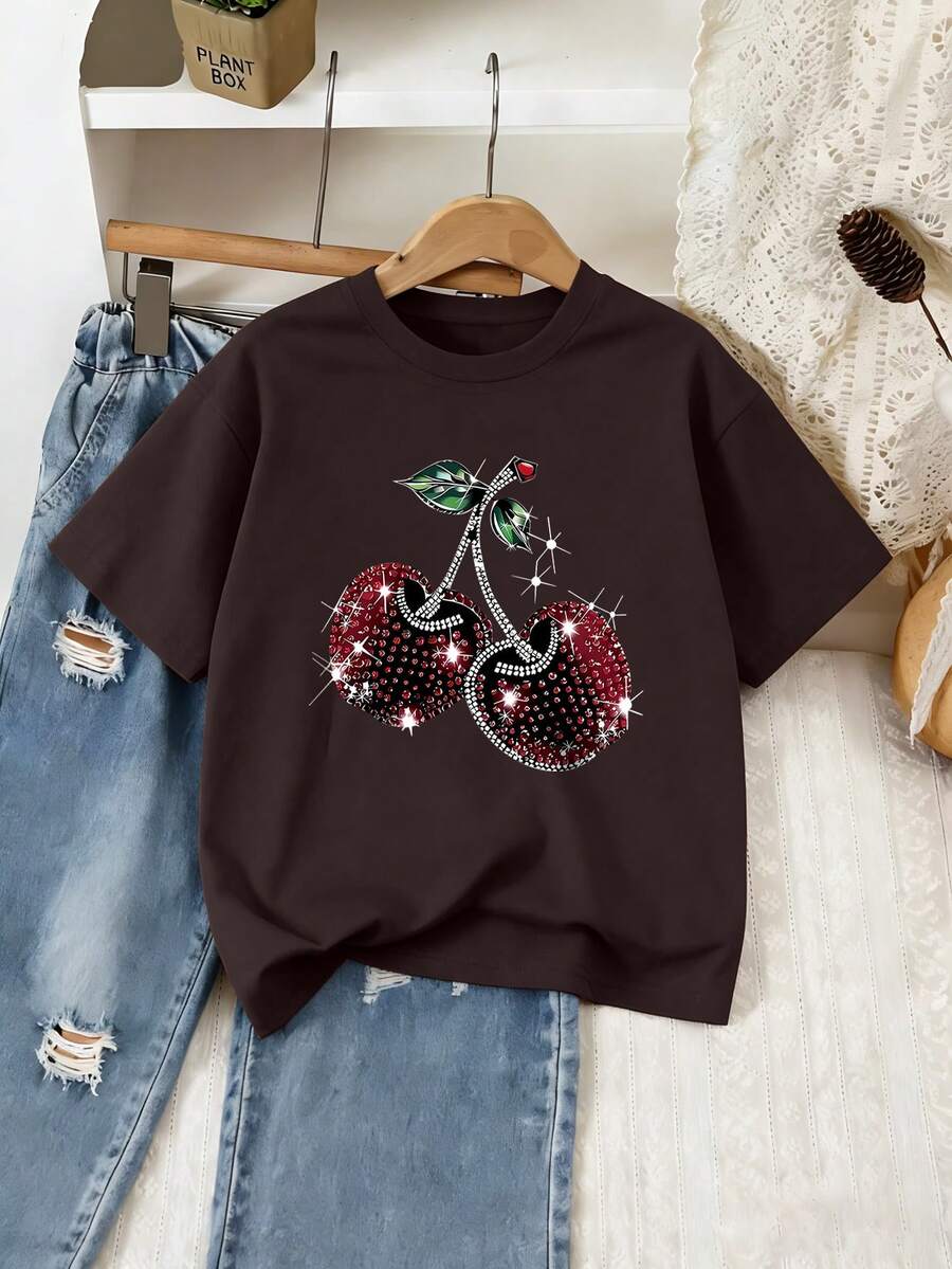 Cherry Print Round Neck Short Sleeve T-Shirt, Casual Children T-Shirt For Spring & Summer - Brown - View 1