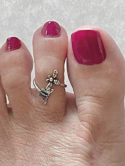 خاتم إصبع القدم معدني فضي بتصميم فراشة وخلية نحل بطراز بوهيمي، مناسب للاستخدام في العطلات الشاطئية