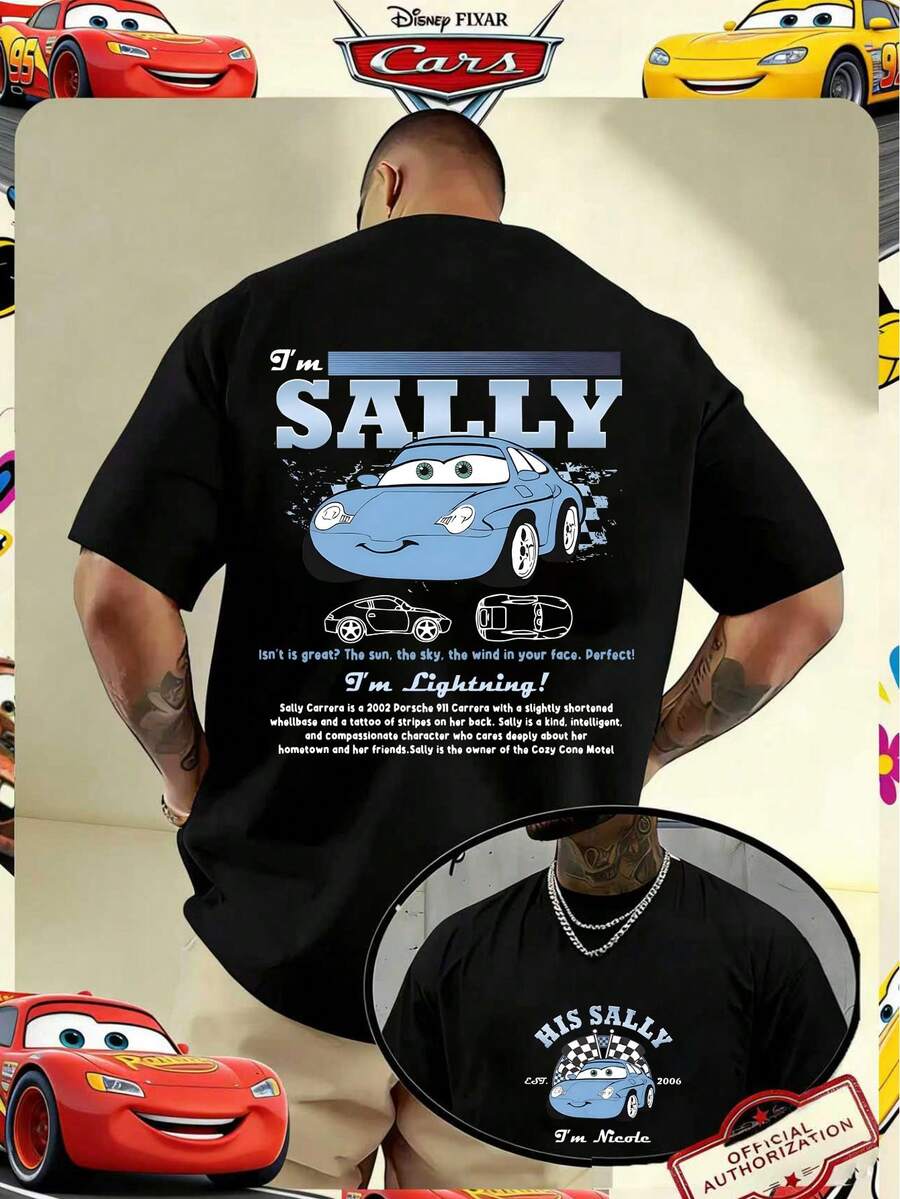 Disney Official Licensed Cars Sally Carrera I'm Sally Retro Poster Print 220g Cotton Crew Neck Unisex Tee - 黑色 - 查看 1