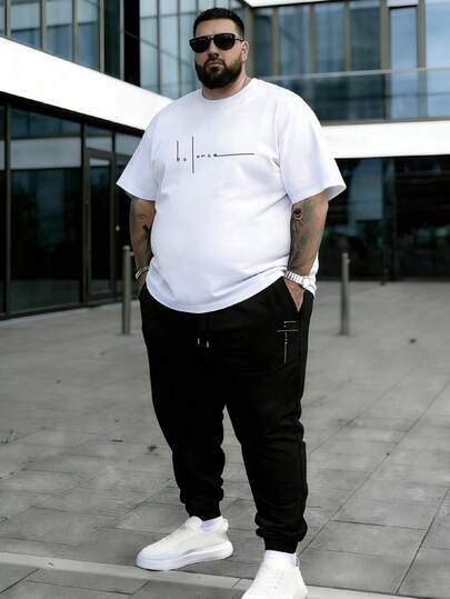 2pcs/Set Plus Size Men's Fashionable Minimalist English "Balance" Graphic Casual Short Sleeve T-Shirt And Pants Set, Suitable For Streetwear, Outdoor, And Daily Wear