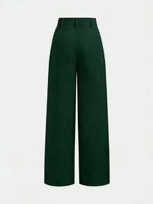 Pantalones rectos casuales con bolsillos y cremallera para mujer de talla pequeña, aptos para uso diario en primavera - Verde Oscuro - Ver 9