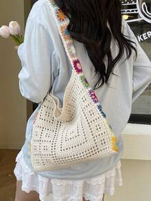 Large Capacity Hollow Vacation Beach Woven Tote Bag, One Shoulder Bucket Bag - Beige - View 1