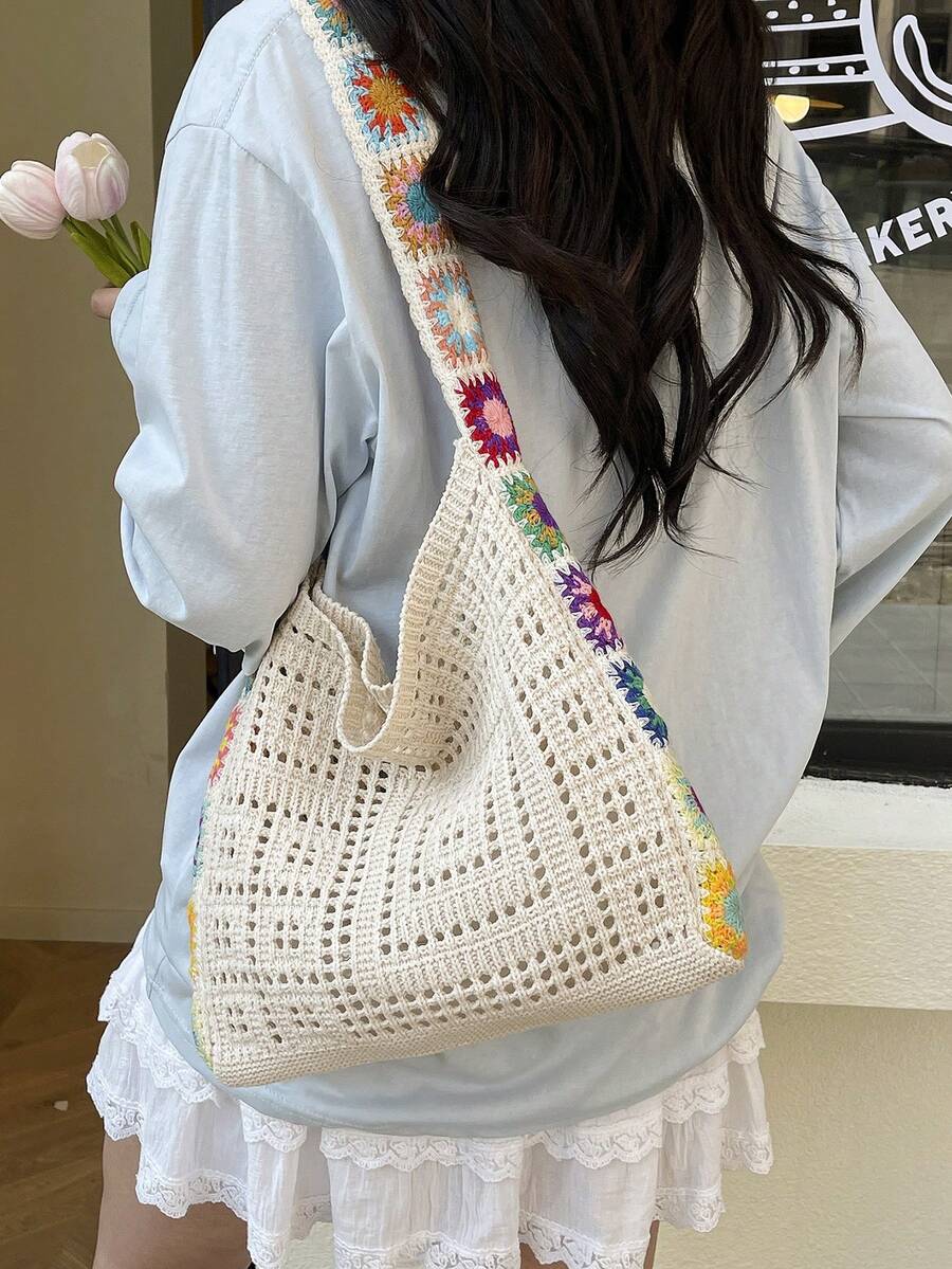 Large Capacity Hollow Vacation Beach Woven Tote Bag, One Shoulder Bucket Bag - Beige - View 1
