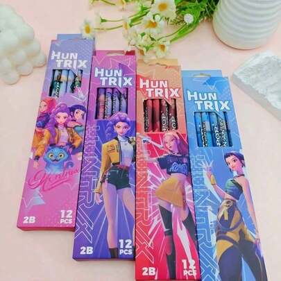 12pcs Cartoon Hunter Girl Pencil Set With Pencil Sharpener, Back To School & New Year Student Writing Supplies, High Cost-Effective Calligraphy Pen, Office Desk Decor Collection, Fan Gift