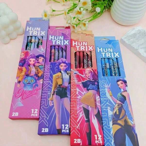 12pcs Cartoon Hunter Girl Pencil Set With Pencil Sharpener, Back To School & New Year Student Writing Supplies, High Cost-Effective Calligraphy Pen, Office Desk Decor Collection, Fan Gift