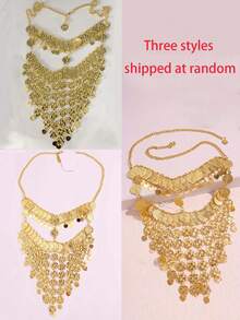 1件复古阿拉伯性感夸张金色面纱面罩，配多层流苏、字母金属硬币吊坠耳环，中东女性饰品 - 金色 - 查看 3