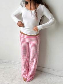 Lounge Yoga Pants For Women Fold Over Low Waist Wide Leg Sweatpants Flare Leggings Bell Bottoms Y2K Foldover Pants - 粉色 - 查看 7