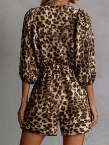 女士V领连体裤，时尚性感豹纹印花，松紧腰设计，七分袖宽松短款连体裤，春夏款 - 棕色 - 查看 6