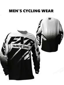 Maillot de motocross pour hommes à manches longues - Fabriqué en tissu de polyester respirant et séchage rapide avec protection UV, présentant un design dégradé rouge et noir avec impression intégrale, idéal pour la course, le cyclisme et les sports de plein air - Noir et Blanc - Voir 3