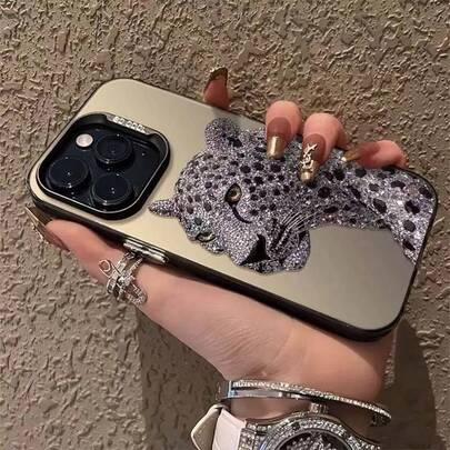 Gray Diamond Leopard Pattern Double-Layer IMD Anti Drop Phone Case Hard Shell Compatible With 17/16/11/13/15/15 Plus/15 Pro/15 Pro Max/12/14 Pro Max/11 Pro Max/12 Pro/12 Pro Max/13 Pro/13 Pro Max/14 Pro/14 Plus