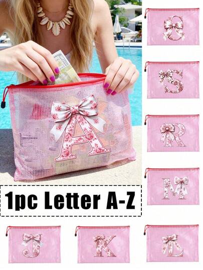 防水时尚沙滩包，粉色蝴蝶结字母印花，大容量透明化妆包，尼龙拉链，轻便，适合春夏收纳，耐用，是游泳、海滩、潜水、暑假、返校的理想之选，轻便防晒收纳包，是送给朋友、家人、女友、同学的理想礼物。生日、节日、派对、婚礼（伴娘）、母亲节、教师节等场合皆宜。