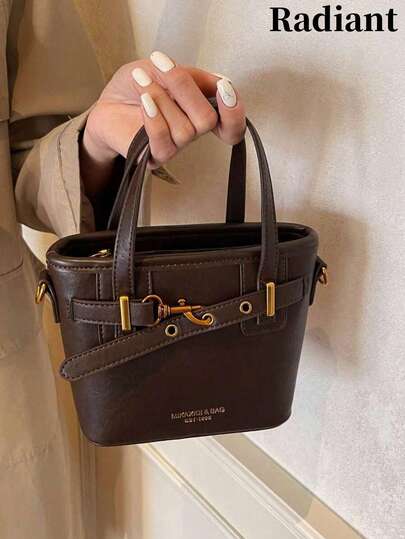 PU皮革纯色迷你水桶包，百搭休闲斜挎包