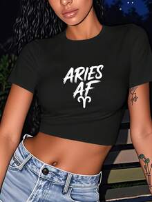 Aries OF Typography Women's Fashion Short Sleeve T-Shirt,Y2K Top Crop,Camisetas De Fiesta,Back To School,Vintage,Street Wear, Rock, Holiday, Vacation, Festival, Summer Tops - 黑色 - 查看 2