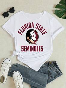 Women's Florida State Seminoles Graphic Print Short Sleeve T - Shirt, Casual Crew Neck Cotton Tee Top For Game Day, Loose Fit Fan Apparel,Tops For Women,Women Tops,Women's Tops Clothes ,Women Tops, Blouses & Tee  Camiseta Para Mujer,Motif Women Clothes,Summer Clothes,Spring Outfits For Women,Graphic Tees Women,Black Top,Summer Tops, - trắng - Xem 4
