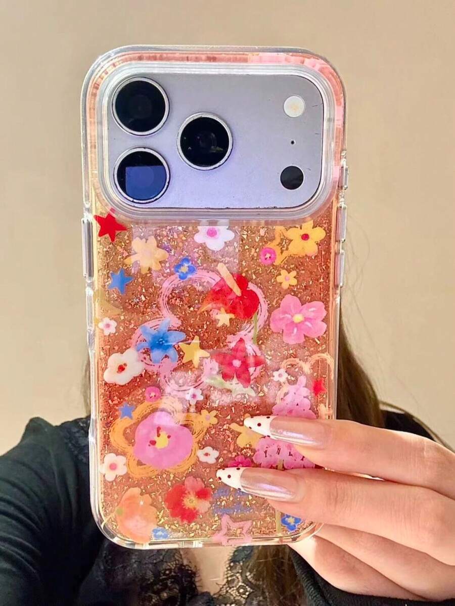 花朵图案彩色涂鸦手机壳,兼容 17/17 Pro Max、新款闪亮 16 Pro、可爱 15、创意 13、16 Pro Max,柔软硅胶保护套,带挂绳,春季风格 - 橘色 - 查看 1